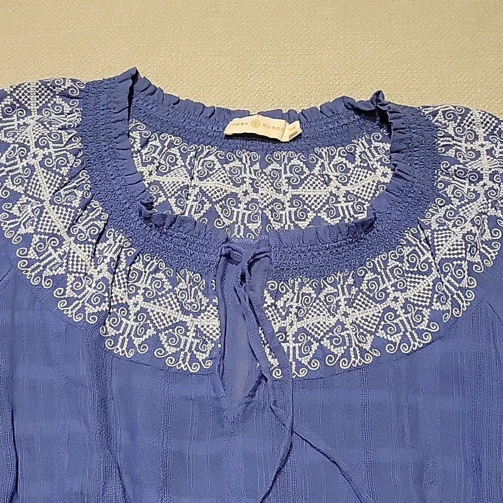 Tory Burch Nina Blouse Embroidery White Blue Peasant Cotton Western Boho Medium